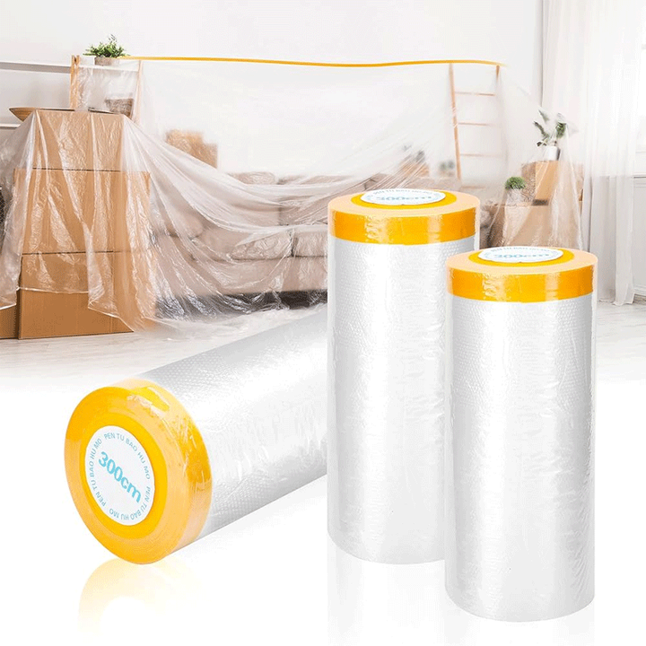 Pre-Taped Masking Film Painters Plastic Drop Cloth Masking Film for Painting Auto Wall Furniture Painting Protection