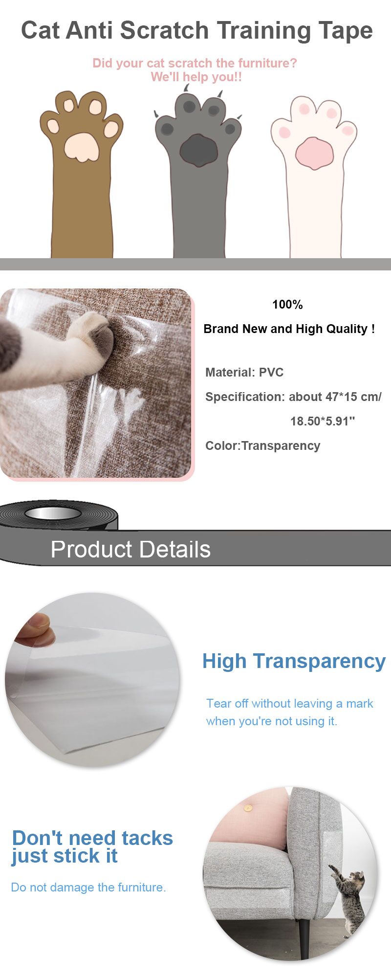 China Supplier EONBON Free Samples Clear Double Sided Pet Roll Cat Anti Scratch Training Tape