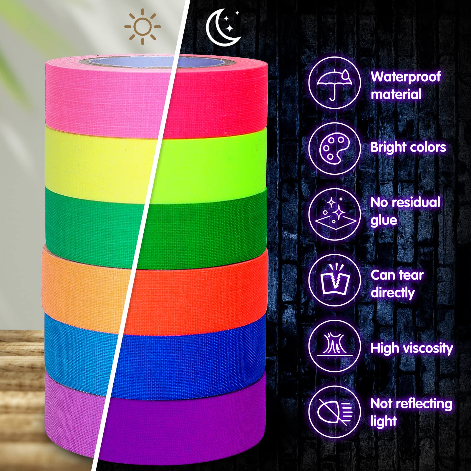 1/2 Inch x 5.5 Yd Fluorescent Cloth Tape 6 Intense Neon Colors for Stage Party Play Grid Floors Color Coding Art Crafts Masking