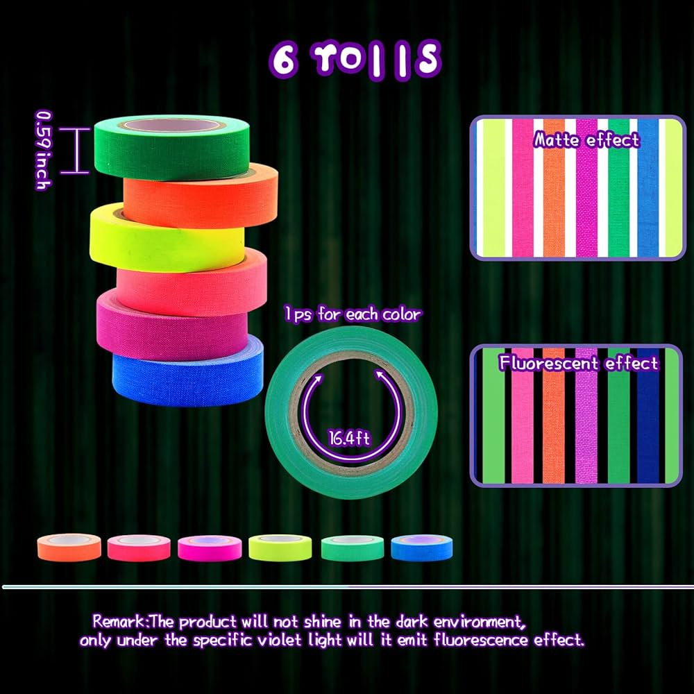 1/2 Inch x 5.5 Yd Fluorescent Cloth Tape 6 Intense Neon Colors for Stage Party Play Grid Floors Color Coding Art Crafts Masking