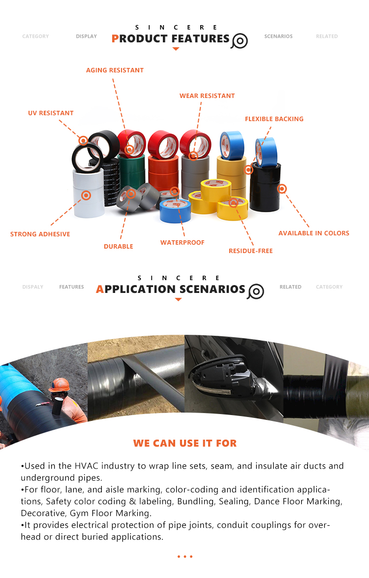 Abrasion Resistant Waterproof Adhesive Pvc Duct Tape for Protects Pipe Joints
