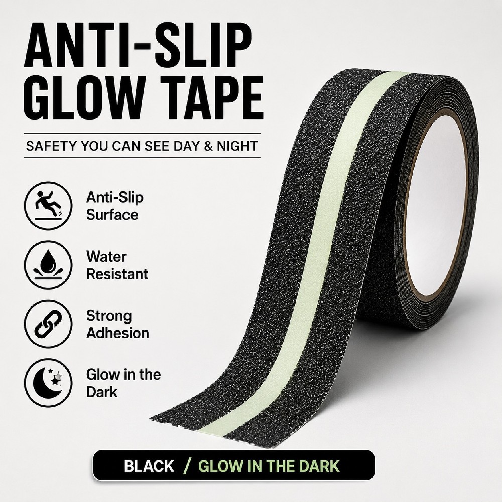 Glow in the Dark Anti-Slip Tape – Black Non-Slip Safety Grip Tape with Luminous Center Stripe